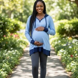 Two Hearts Maternity Light Blue Hooded Maternity Tunic with Navy Trim